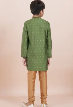 Woven Cotton Silk Jacquard Kurta Set in Olive Green