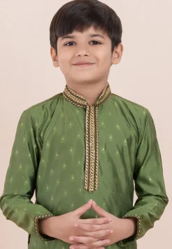 Woven Cotton Silk Jacquard Kurta Set in Olive Green