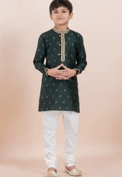 Woven Cotton Silk Jacquard Kurta Set in Dark Green