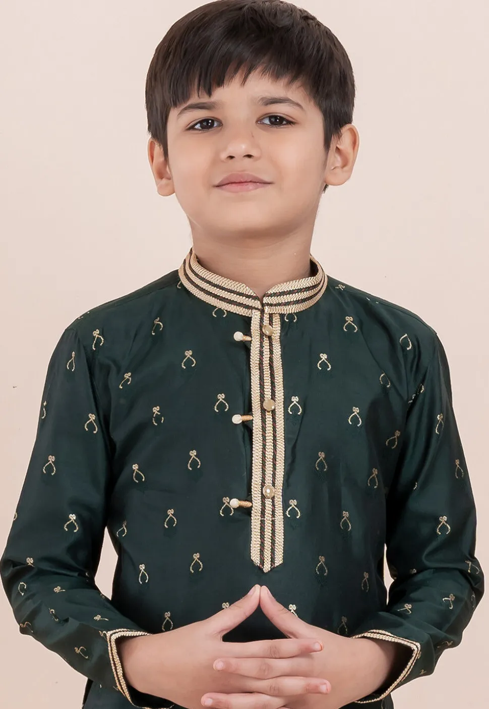 Woven Cotton Silk Jacquard Kurta Set in Dark Green