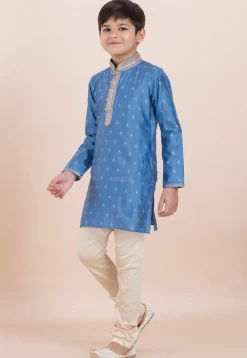Woven Cotton Silk Jacquard Kurta Set in Blue