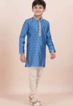 Woven Cotton Silk Jacquard Kurta Set in Blue