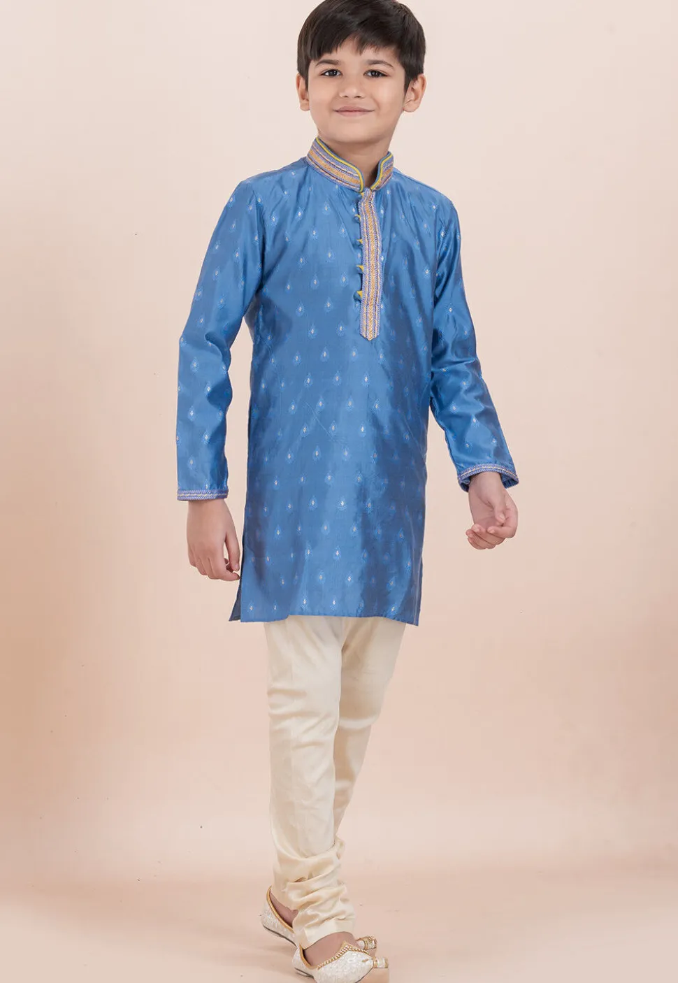 Woven Cotton Silk Jacquard Kurta Set in Blue