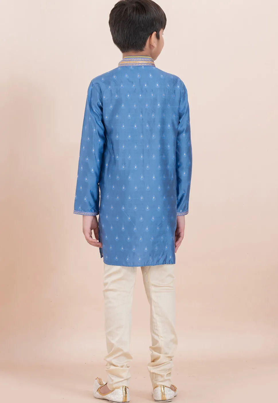 Woven Cotton Silk Jacquard Kurta Set in Blue