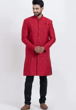 Woven Cotton Silk Jacquard Sherwani in Red