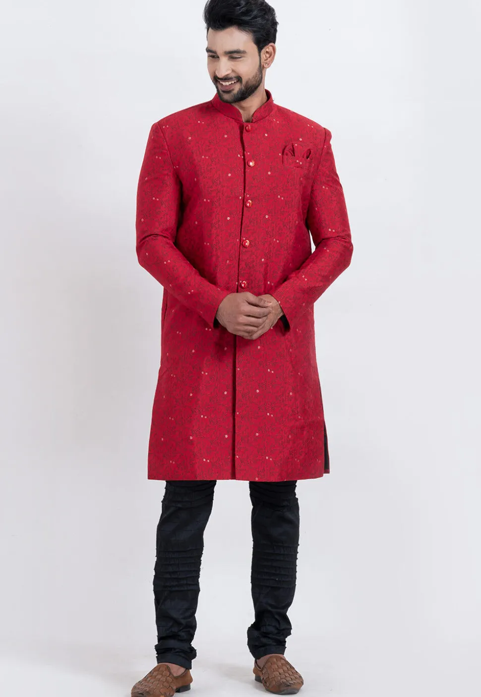 Woven Cotton Silk Jacquard Sherwani in Red