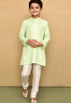 Woven Cotton Silk Jacquard Kurta Set in Light Green