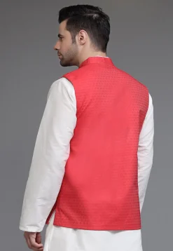 Woven Cotton Silk Jacquard Nehru Jacket in Red