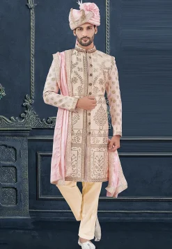 Woven Cotton Silk Jacquard Sherwani in Peach