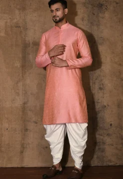 Woven Cotton Silk Jacquard Kurta Set in Peach