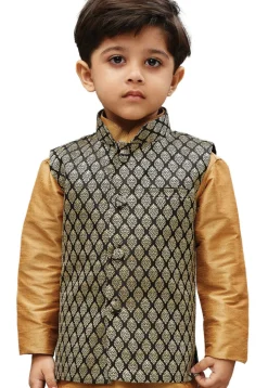 Woven Cotton Silk Jacquard Nehru Jacket in Black and Beige