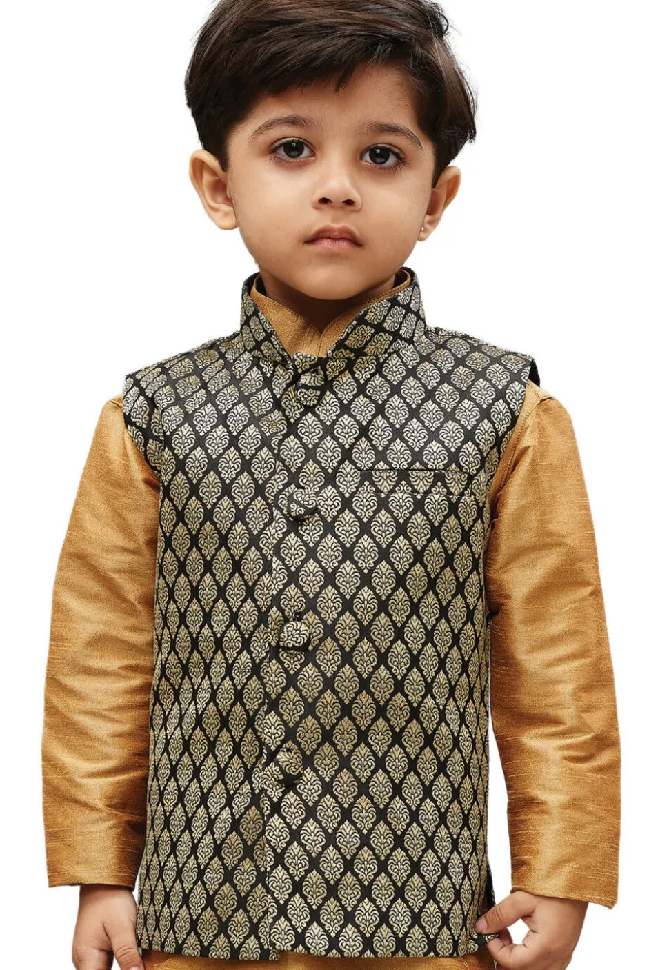 Woven Cotton Silk Jacquard Nehru Jacket in Black and Beige