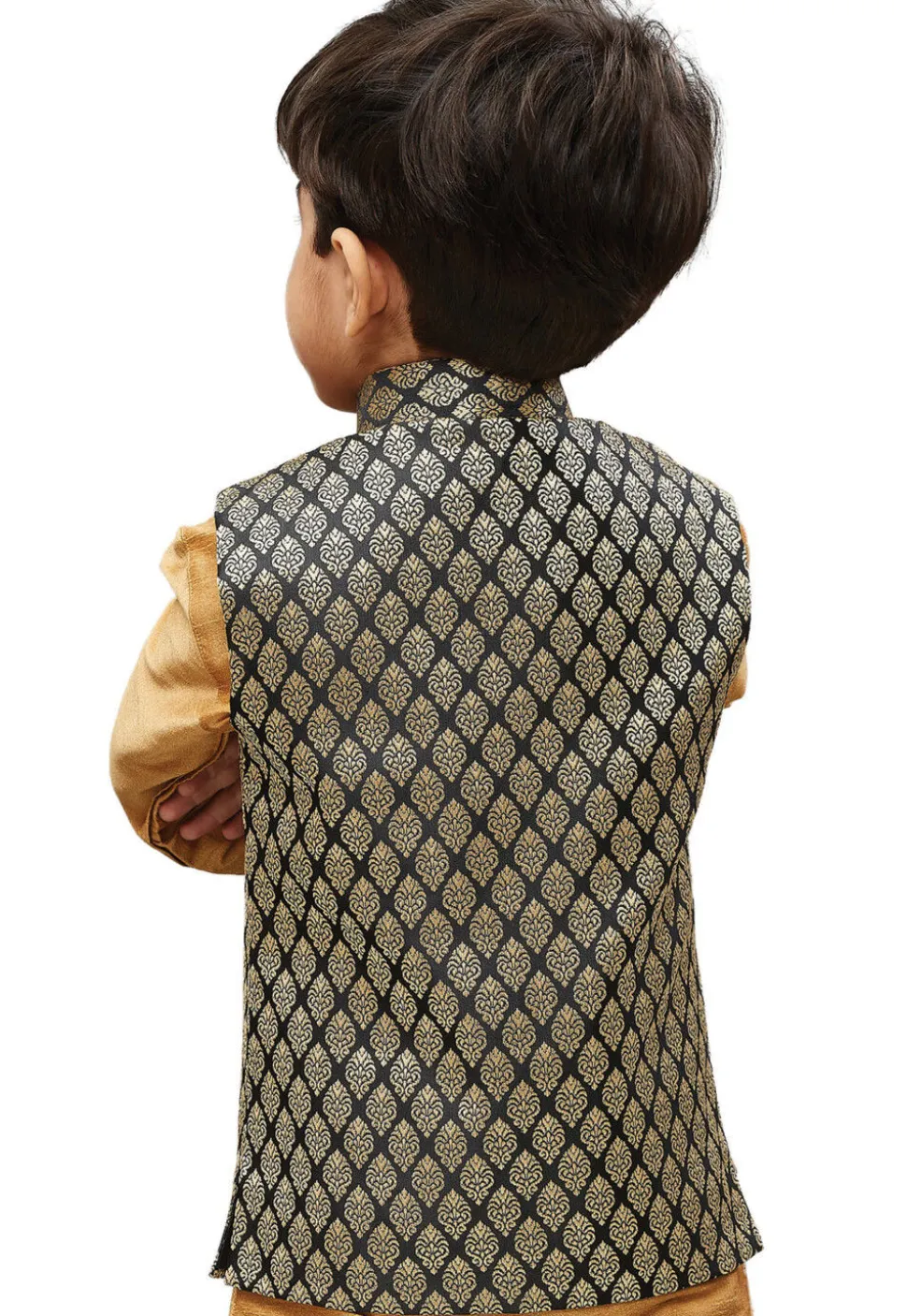 Woven Cotton Silk Jacquard Nehru Jacket in Black and Beige