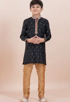 Woven Cotton Silk Jacquard Kurta Set in Black