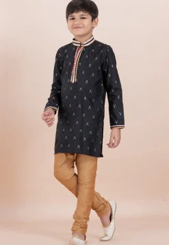 Woven Cotton Silk Jacquard Kurta Set in Black