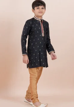 Woven Cotton Silk Jacquard Kurta Set in Black