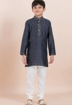Woven Cotton Silk Jacquard Kurta Set in Grey