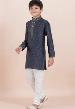 Woven Cotton Silk Jacquard Kurta Set in Grey