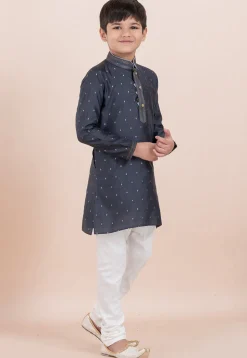 Woven Cotton Silk Jacquard Kurta Set in Grey