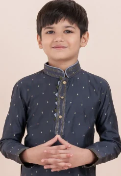Woven Cotton Silk Jacquard Kurta Set in Grey