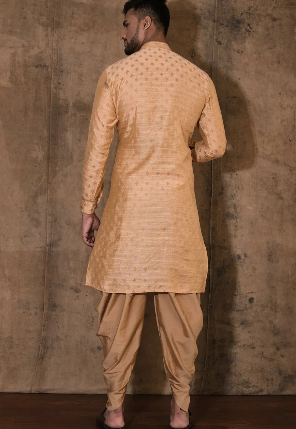 Woven Cotton Silk Jacquard Kurta Set in Beige