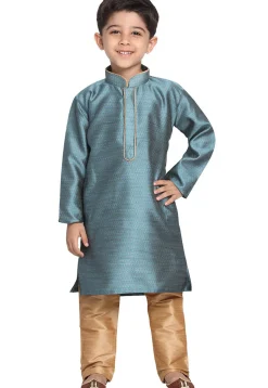 Woven Cotton Silk Jacquard Kurta Set in Teal Blue