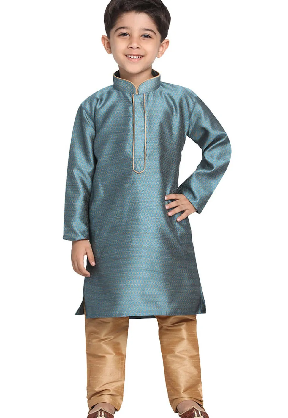 Woven Cotton Silk Jacquard Kurta Set in Teal Blue
