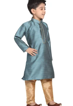 Woven Cotton Silk Jacquard Kurta Set in Teal Blue
