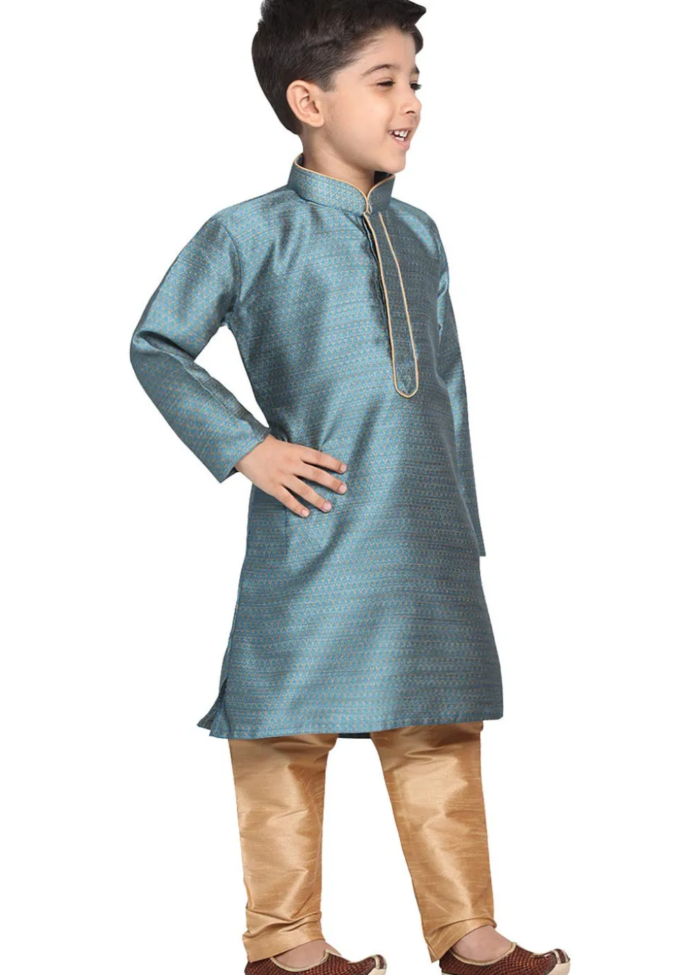 Woven Cotton Silk Jacquard Kurta Set in Teal Blue