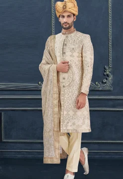 Woven Cotton Silk Jacquard Sherwani in Cream