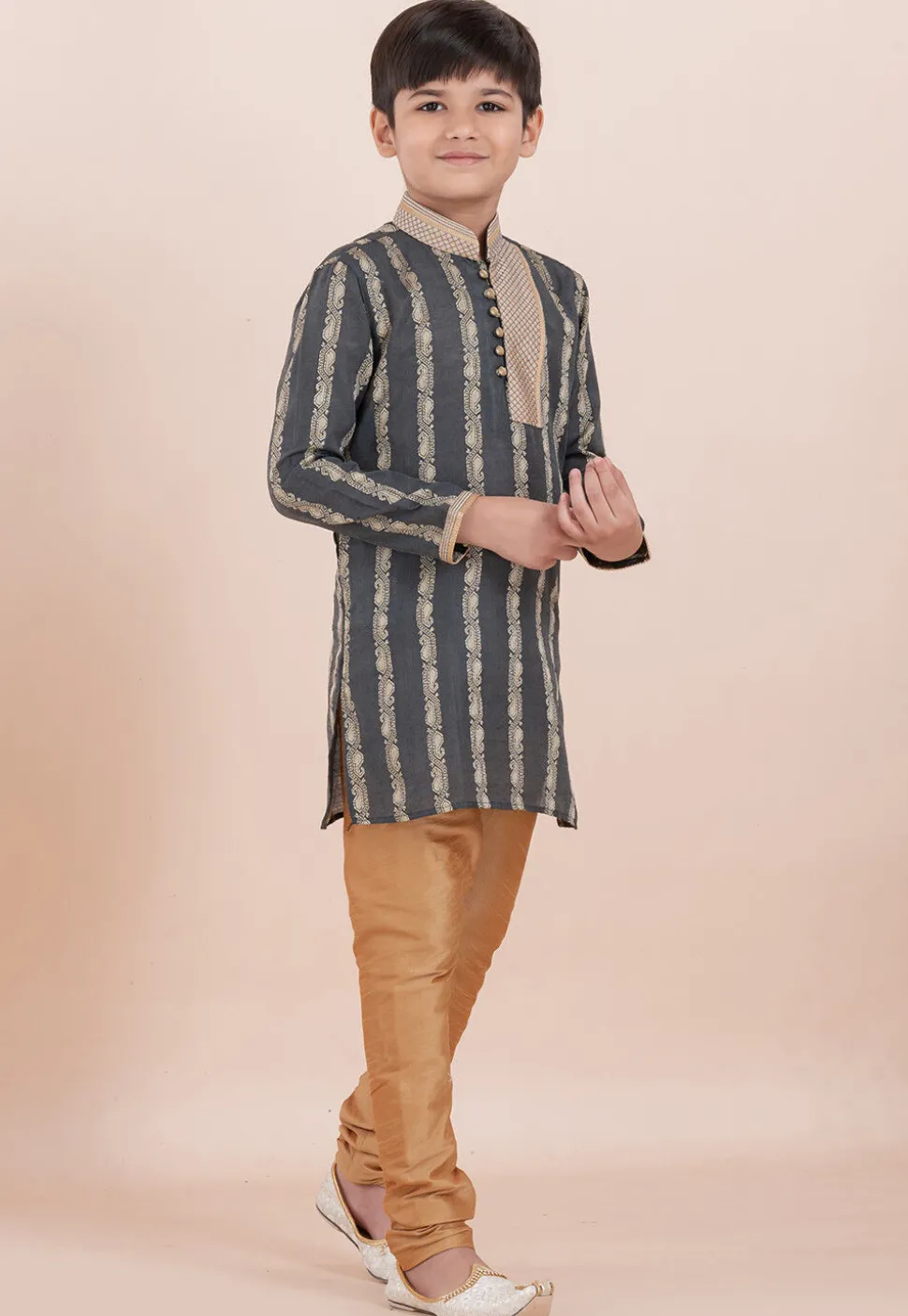 Woven Cotton Silk Jacquard Kurta Set in Dark Grey