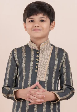 Woven Cotton Silk Jacquard Kurta Set in Dark Grey