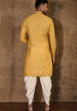 Woven Cotton Silk Jacquard Kurta Set in Yellow