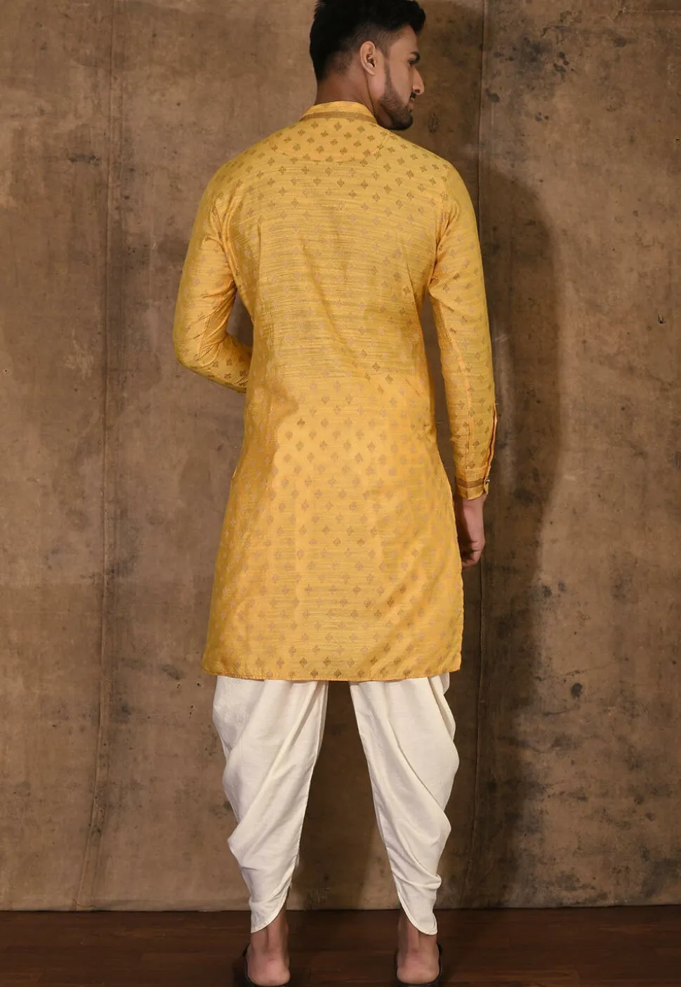 Woven Cotton Silk Jacquard Kurta Set in Yellow