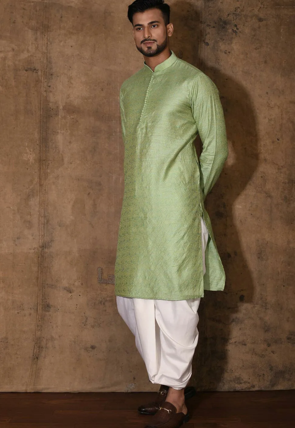 Woven Cotton Silk Jacquard Dhoti Kurta in Light Green
