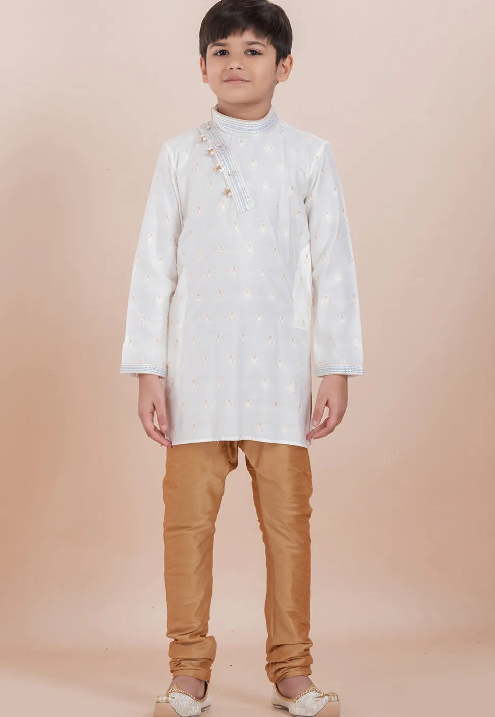Woven Cotton Silk Jacquard Kurta Set in White