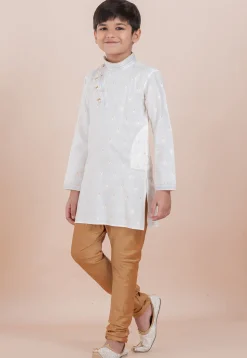 Woven Cotton Silk Jacquard Kurta Set in White