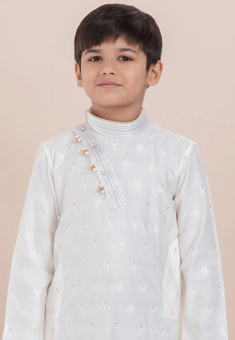 Woven Cotton Silk Jacquard Kurta Set in White