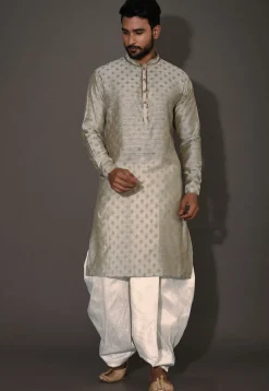 Woven Cotton Silk Jacquard Dhoti Kurta in Grey Dual Tone