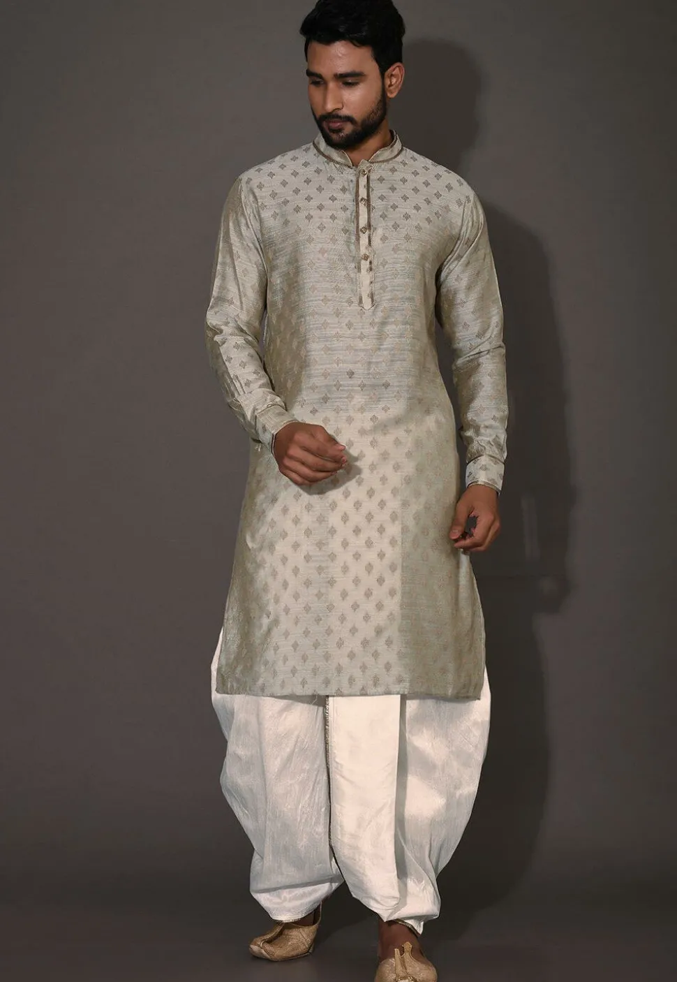 Woven Cotton Silk Jacquard Dhoti Kurta in Grey Dual Tone