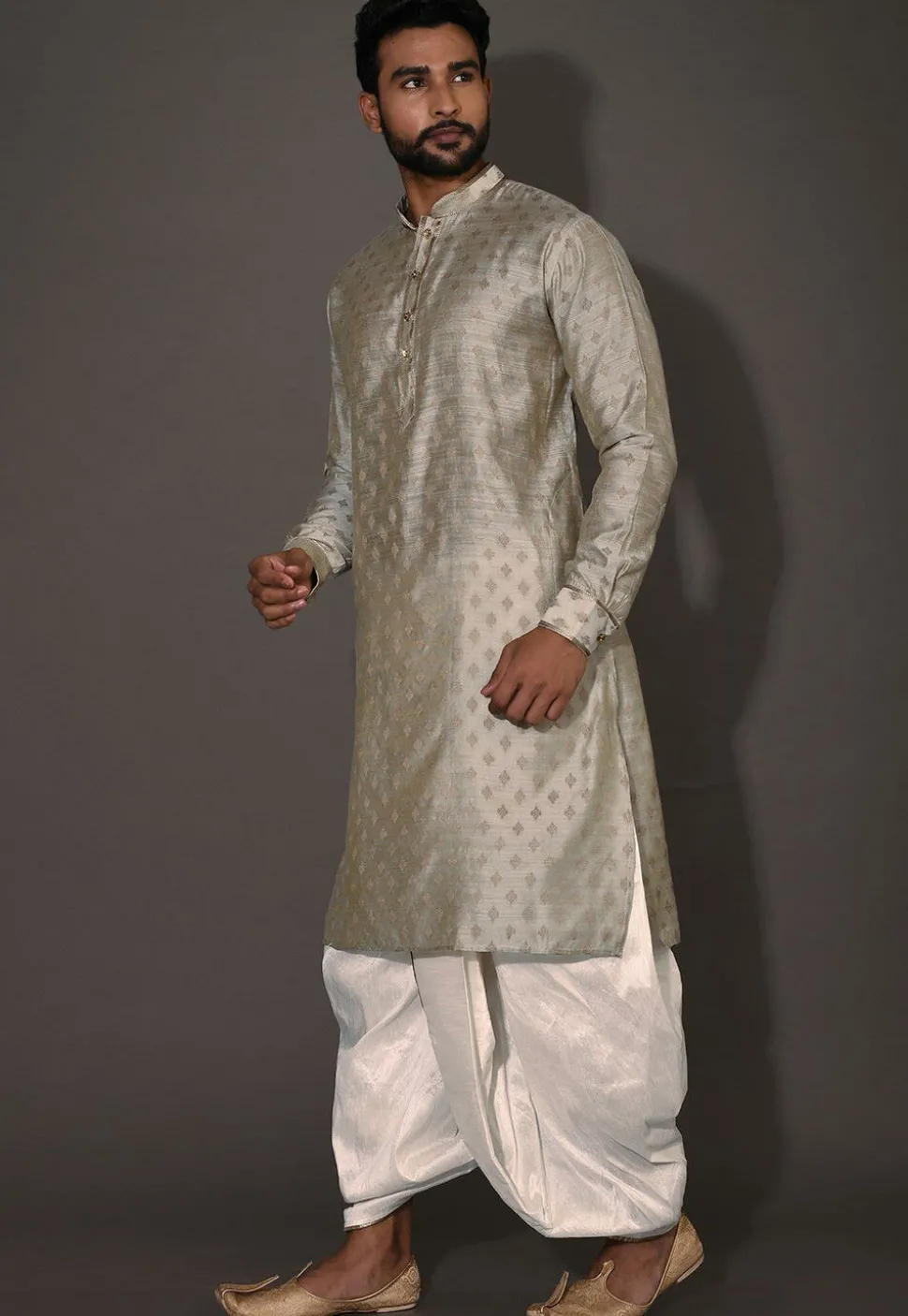Woven Cotton Silk Jacquard Dhoti Kurta in Grey Dual Tone
