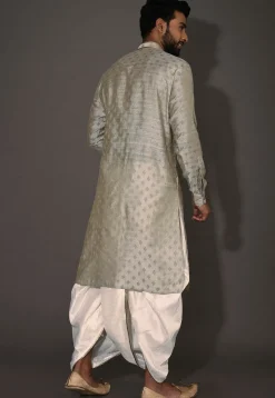 Woven Cotton Silk Jacquard Dhoti Kurta in Grey Dual Tone