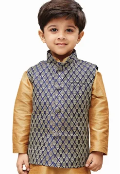 Woven Cotton Silk Jacquard Nehru Jacket in Navy Blue and Beige