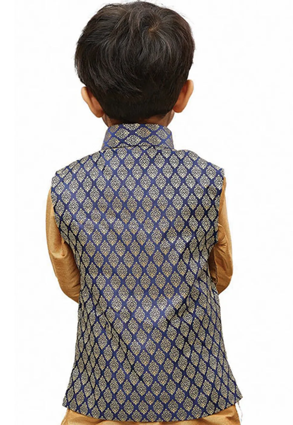 Woven Cotton Silk Jacquard Nehru Jacket in Navy Blue and Beige