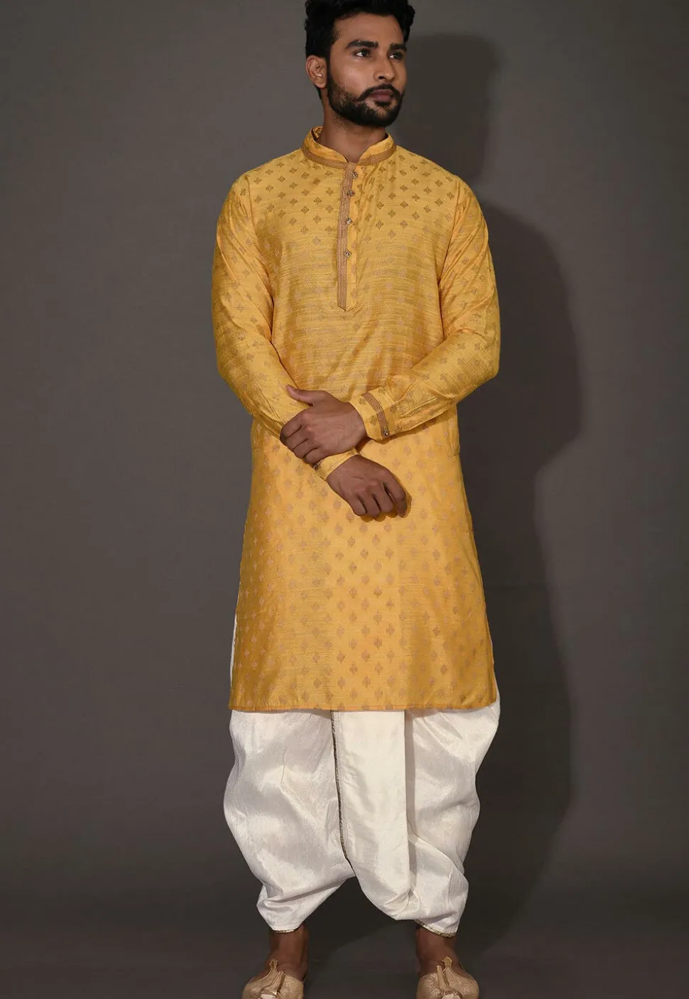 Woven Cotton Silk Jacquard Dhoti Kurta in Yellow