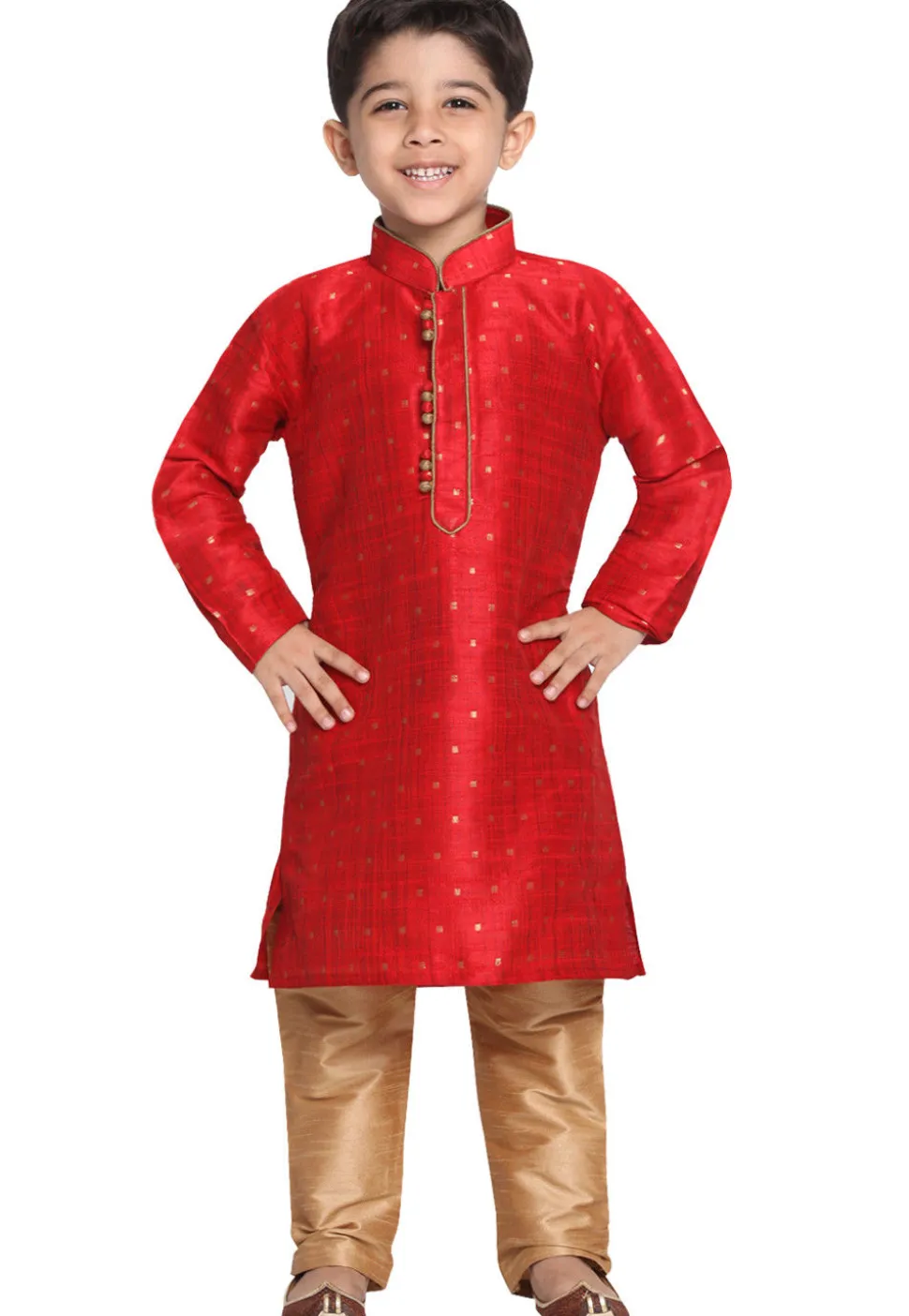 Woven Cotton Silk Jacquard Kurta Set in Red
