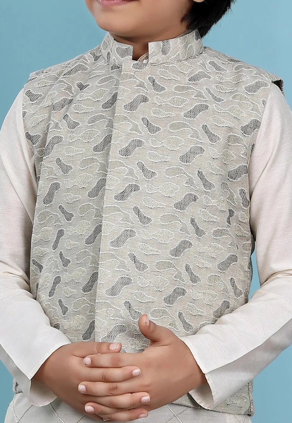 Woven Cotton Silk Kurta Jacket Set in Cream