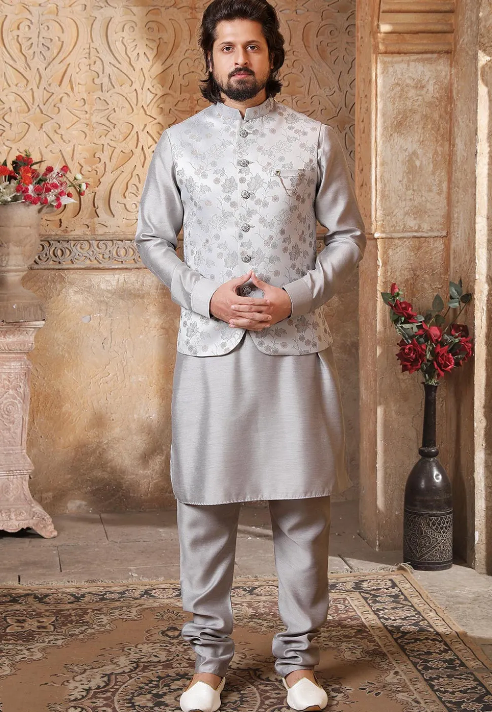 Woven Cotton Silk Kurta Jacket Set in Grey