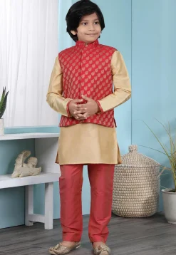 Woven Cotton Silk Kurta Jacket Set in Beige