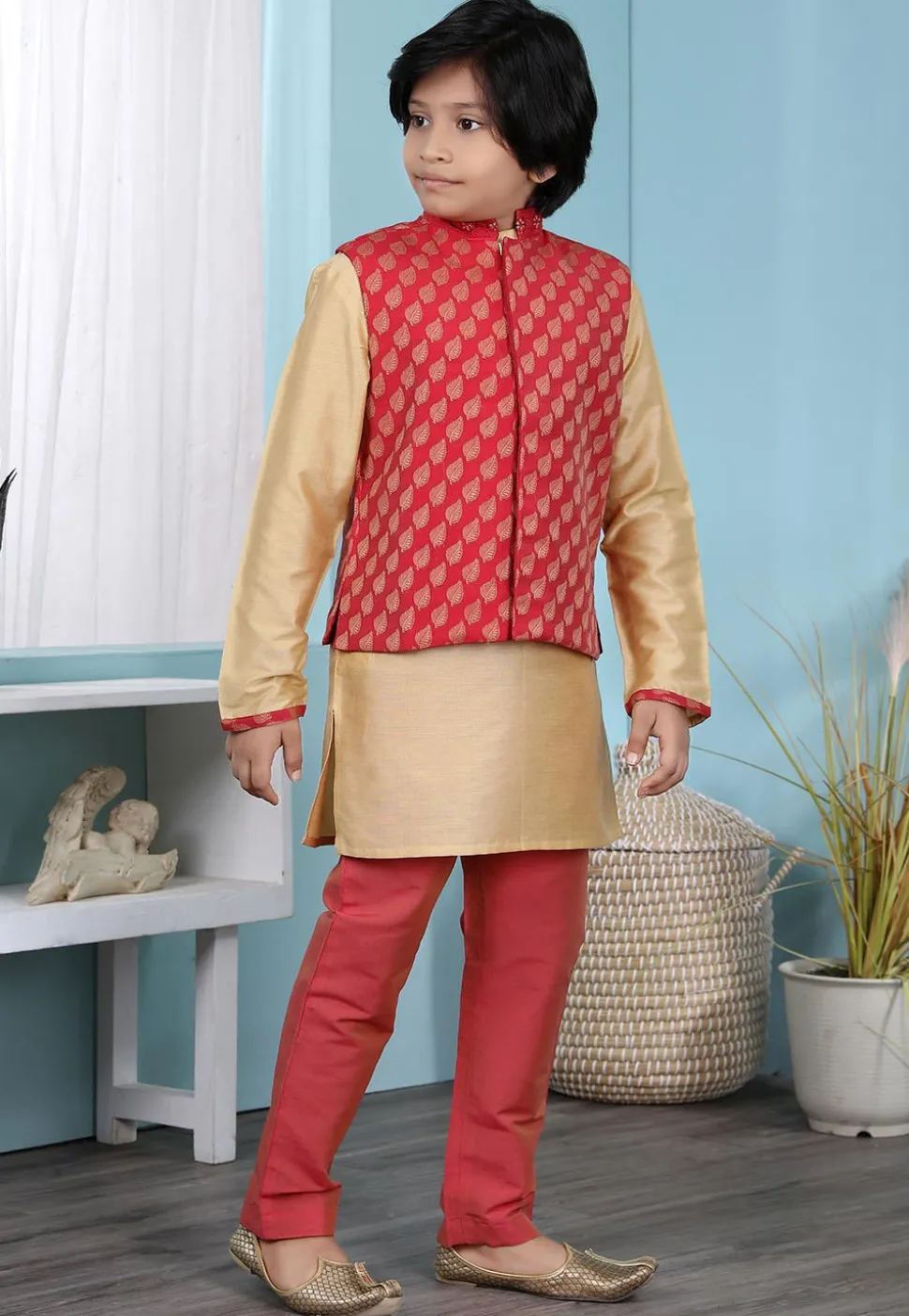 Woven Cotton Silk Kurta Jacket Set in Beige